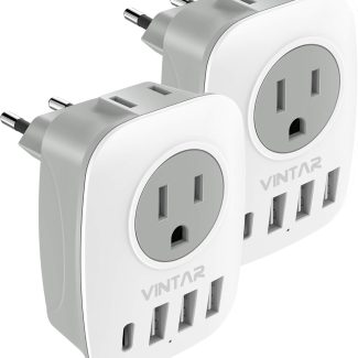 2 Pack European Travel Plug Adapter, VINTAR International Power Plug Adapter with 1 USB C, 2 American Outlets and 3 USB Ports, 6 in 1 Travel Essentials to Most of Europe Greece, Italy(Type C)